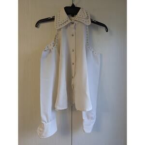 King James Women's White Button Down Collared Cold Shoulder Polyester Top Size 8